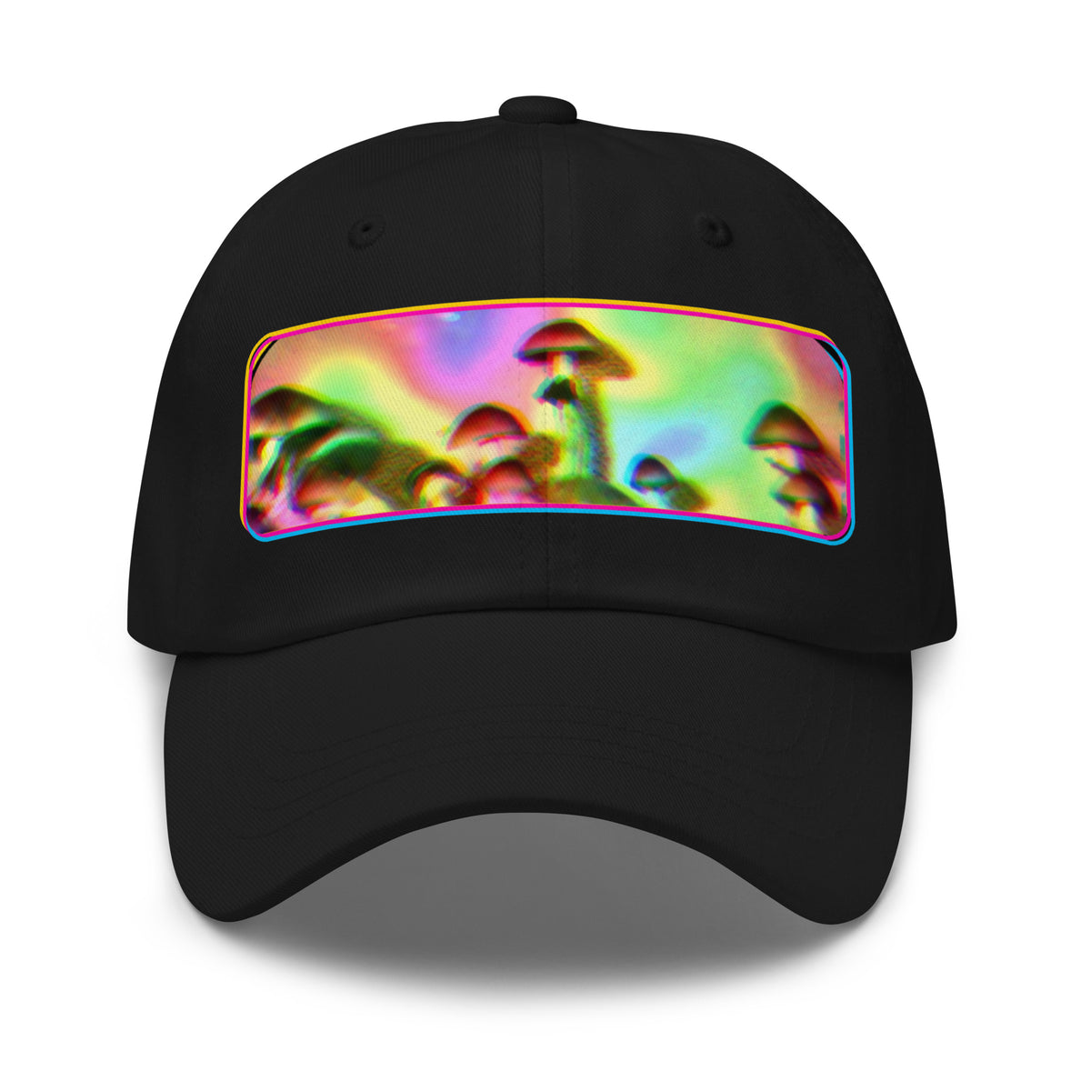 Mushroom Wave Dad Cap in Black, front with printed mushroom photo