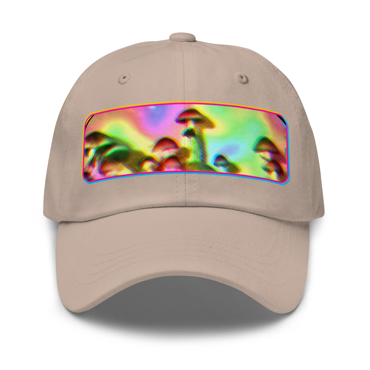 Mushroom Wave Dad Cap in Stone, front with printed mushroom photo