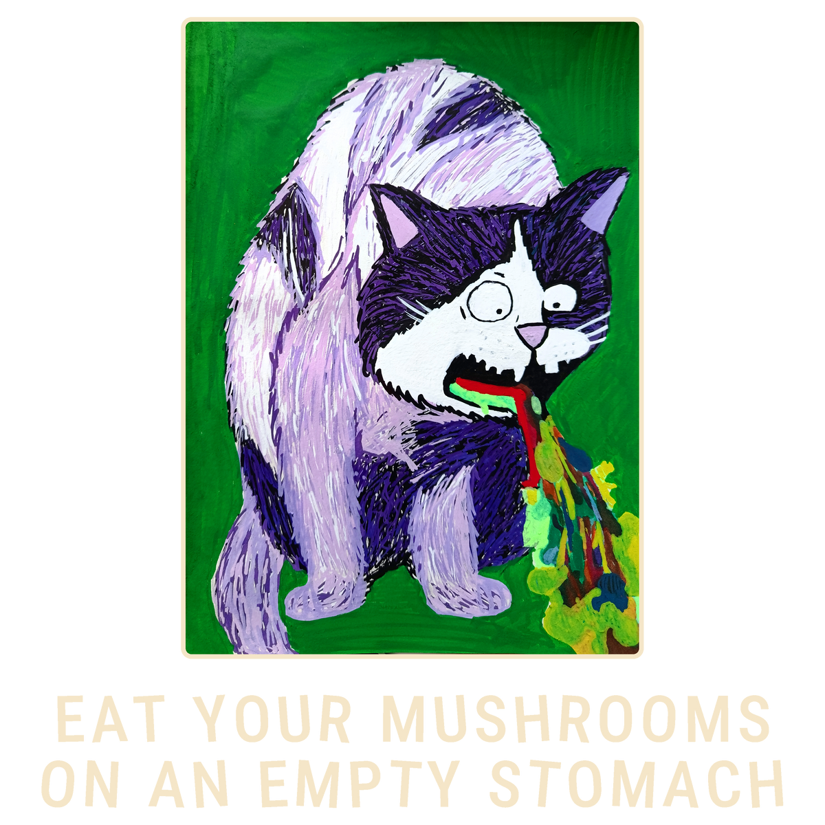 Eat Your Mushrooms design: purple cat painting in cream frame with slogan