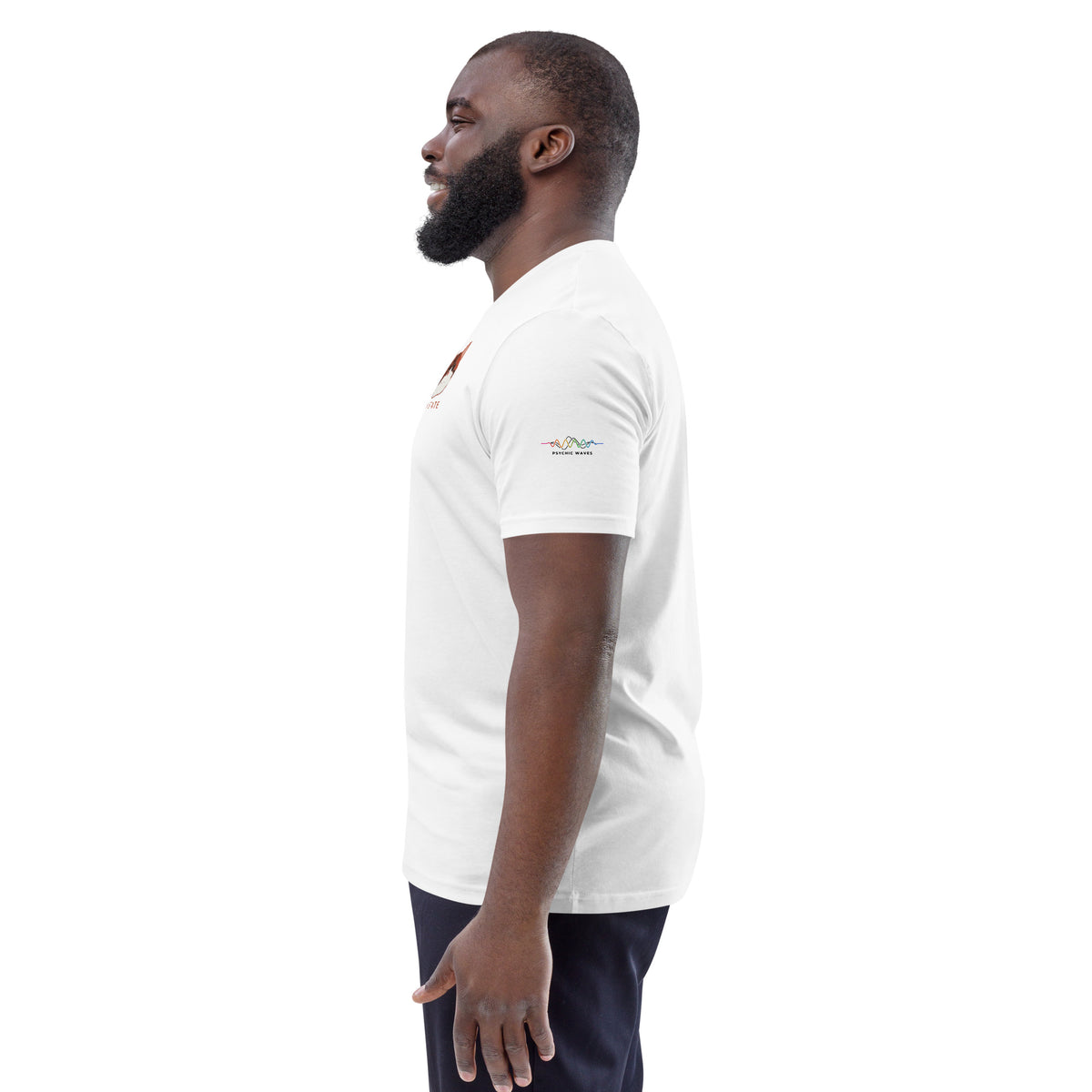 PEAK STATE Tee, White, left sleeve with Psychic Waves logo, on model