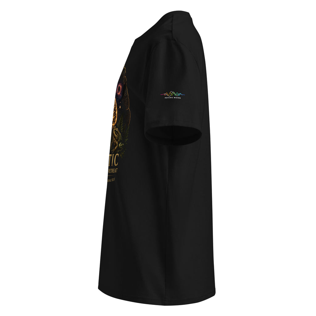 Holistic Multidimensional Retreat Tee, Black, left sleeve with Psychic Waves logo
