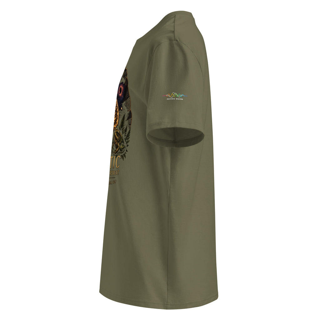 Holistic Multidimensional Retreat Tee, Khaki, left sleeve with Psychic Waves logo