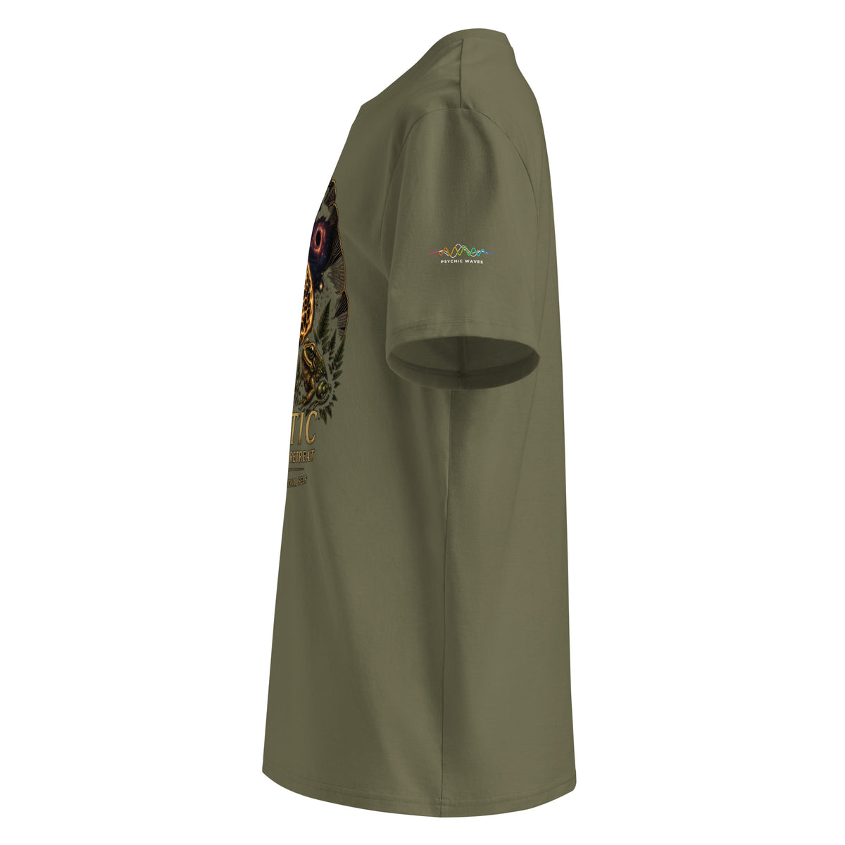Holistic Multidimensional Retreat Tee, Khaki, left sleeve with Psychic Waves logo