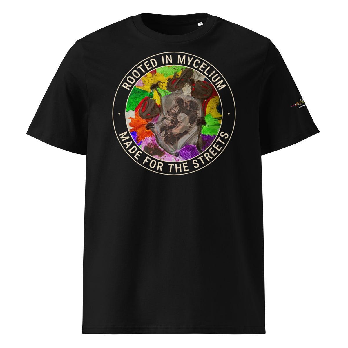 Rooted in Mycelium Badge Tee, Black, front