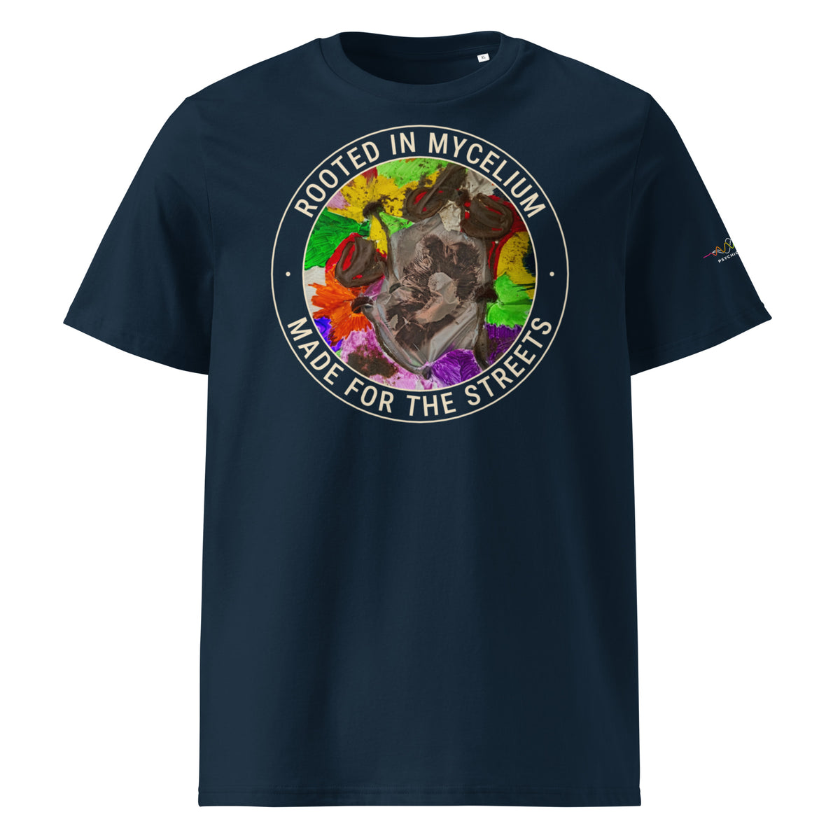 Rooted in Mycelium Badge Tee, French Navy, front