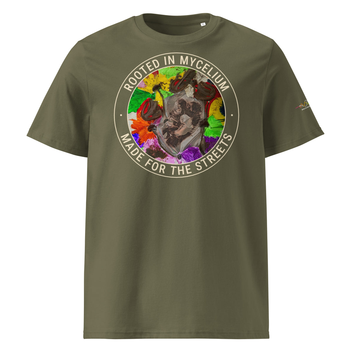 Rooted in Mycelium Badge Tee, Khaki, front