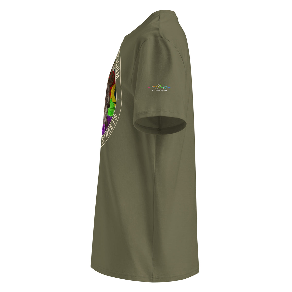 Rooted in Mycelium Badge Tee, Khaki, left sleeve with Psychic Waves logo