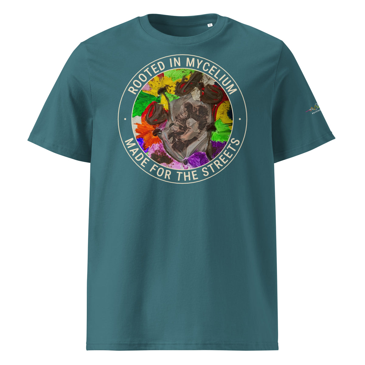 Rooted in Mycelium Badge Tee, Stargazer, front