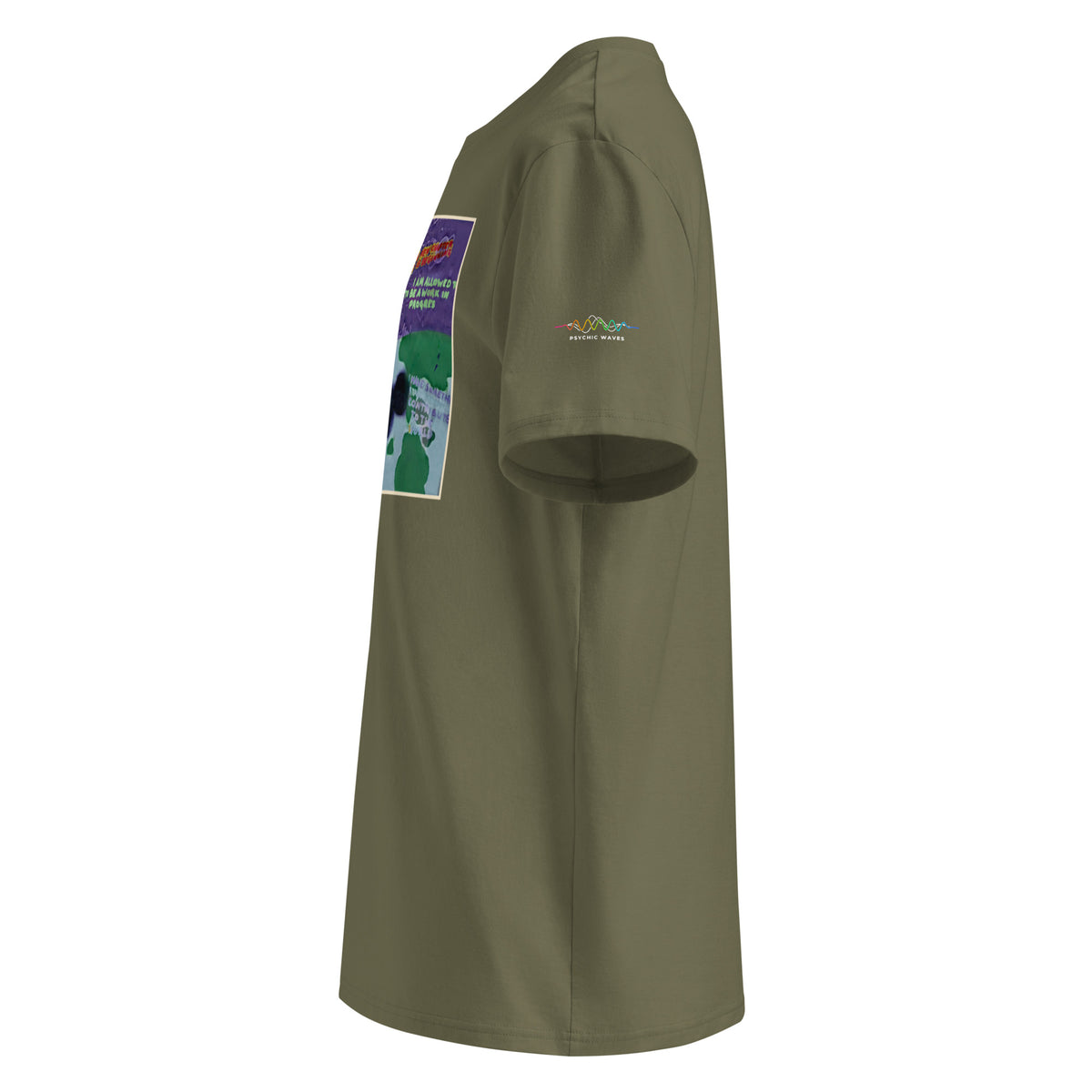 Space Painting Tee, Khaki, left sleeve with Psychic Waves logo