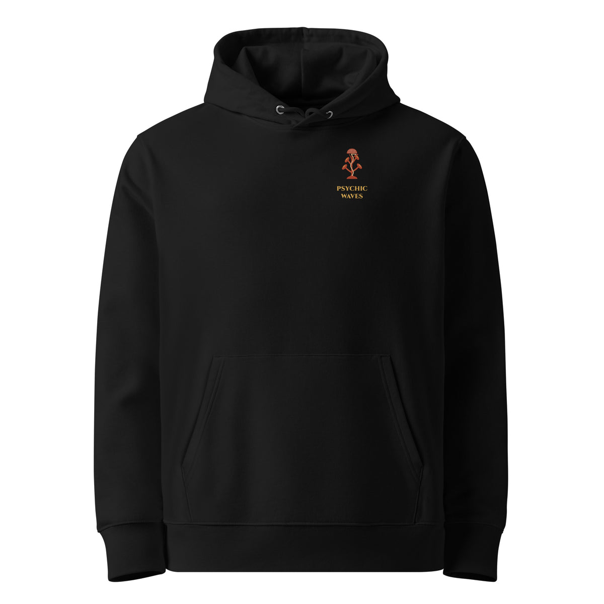 Psychic Waves Mushroom Wave Hoodie, Black, front (F2 left chest)
